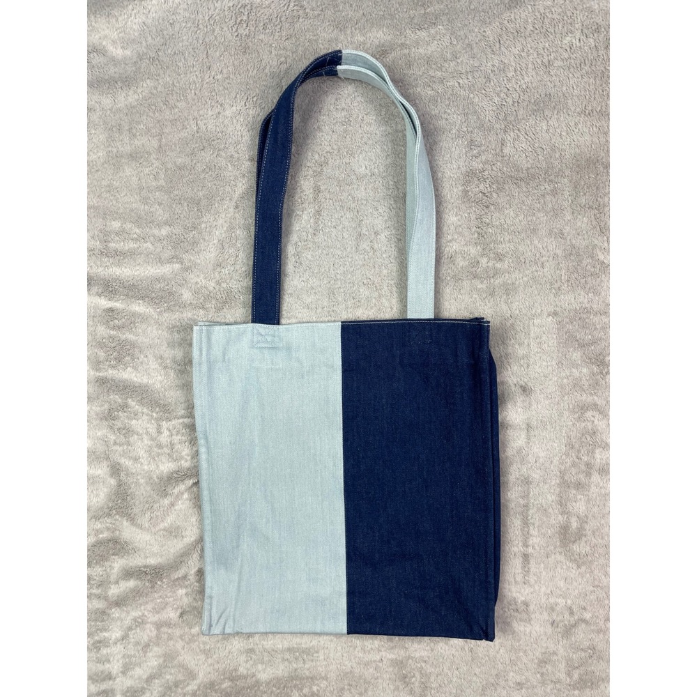 DENIM MUSEUM Tote Bag NWT Colorblock Two Tone Blue Cotton Embroidered YKK Zip - Picture 2 of 14